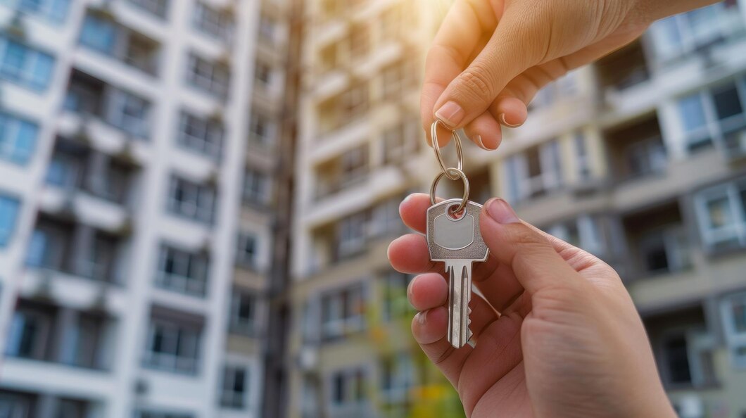 Exchanging keys in front of a modern apartment building - best real estate agent in Newport Coast