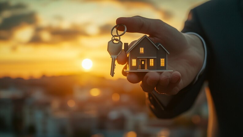 Agent holding keys and house model at sunset - top Iranian real estate agent in Orange County