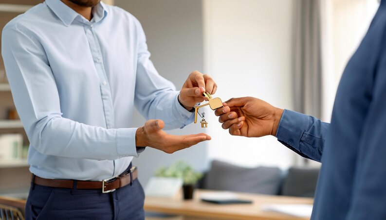 Real estate agent handing keys to client - top Iranian real estate agent in Orange County